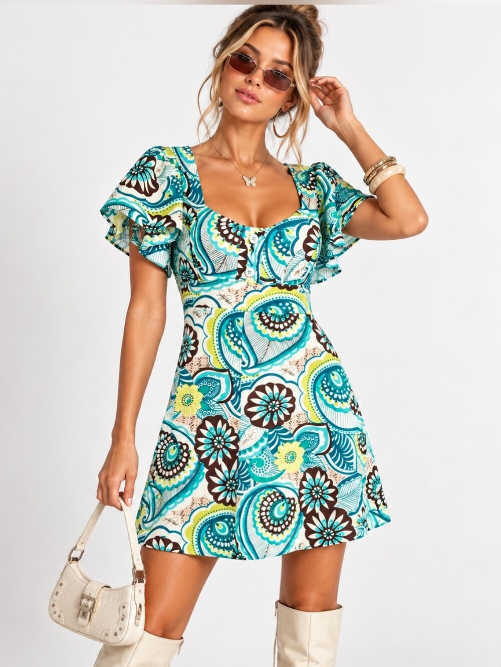 Vintage Y2K Baby Phat Paisley Mini Dress Turquoise Brown Flutter Sleeve Sz 13